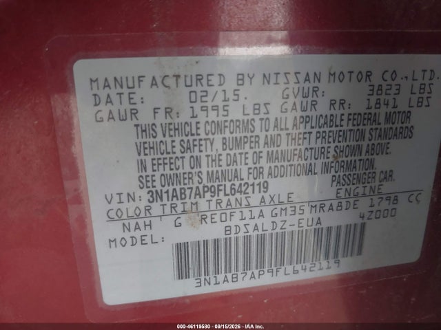 Продаж на аукціоні авто 2015 Nissan Sentra Fe+ S/s/sl/sr/sv, vin: 3N1AB7AP9FL642119, номер лоту: 46119580