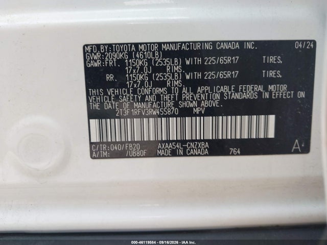 2024 Toyota Rav4 Le მანქანა იყიდება აუქციონზე, vin: 2T3F1RFV3RW455870, აუქციონის ნომერი: 46119584
