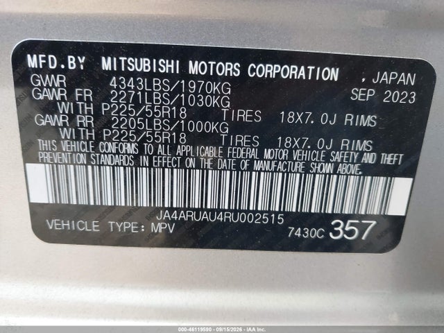 2024 Mitsubishi Outlander Sport 2.0 Es Awc/2.0 Le Awc/2.0 Ralliart Awc/2.0 S Awc/2.0 Se Awc/2.0 Trail Edition Awc მანქანა იყიდება აუქციონზე, vin: JA4ARUAU4RU002515, აუქციონის ნომერი: 46119590