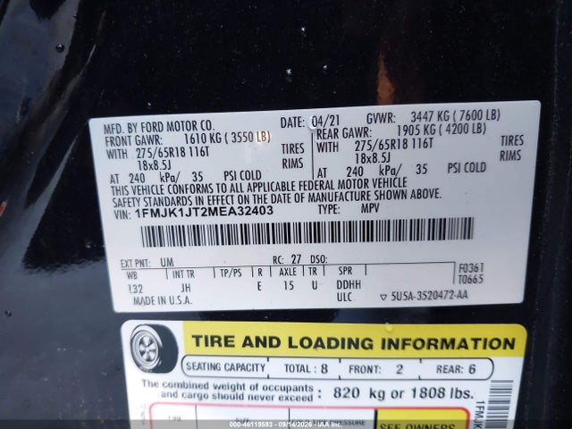 2021 Ford Expedition Xlt Max მანქანა იყიდება აუქციონზე, vin: 1FMJK1JT2MEA32403, აუქციონის ნომერი: 46119593