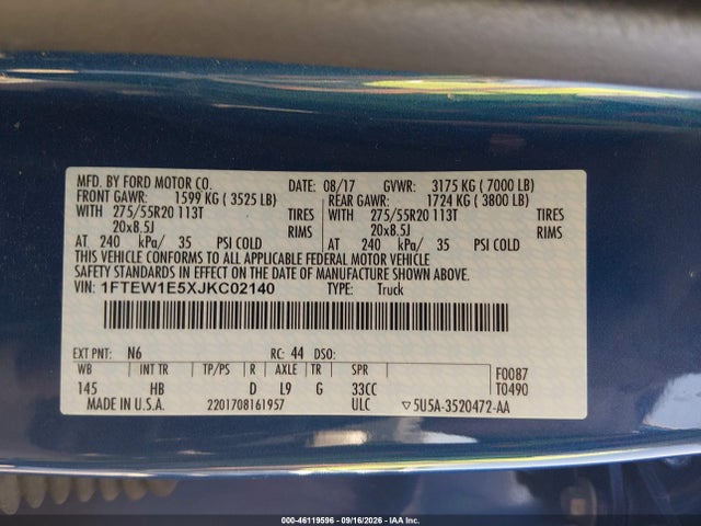 2018 Ford F-150 Lariat მანქანა იყიდება აუქციონზე, vin: 1FTEW1E5XJKC02140, აუქციონის ნომერი: 46119596