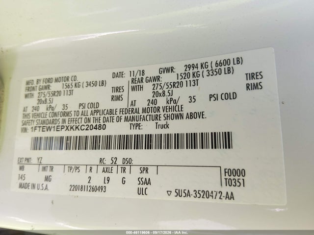 46119606 :رقم المزاد ، 1FTEW1EPXKKC20480 vin ، 2019 Ford F-150 Xlt مزاد بيع