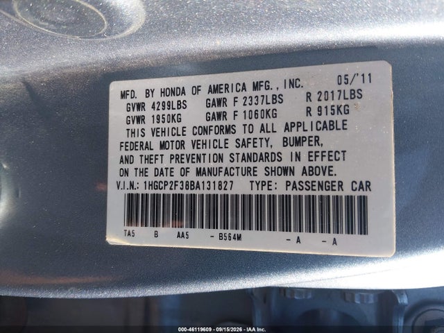 Продаж на аукціоні авто 2011 Honda Accord 2.4 Lx, vin: 1HGCP2F38BA131827, номер лоту: 46119609