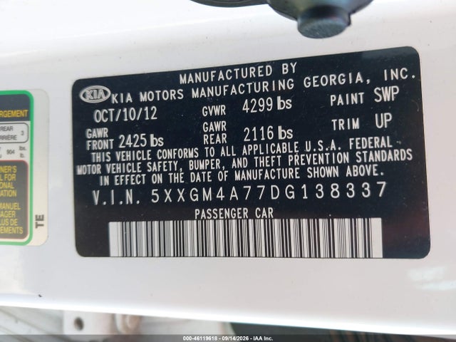 Aukcja sprzedaży 2013 Kia Optima Lx, vin: 5XXGM4A77DG138337, numer aukcji: 46119618