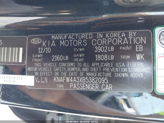 46119619 :رقم المزاد ، KNAFW4A3XB5382095 vin ، 2011 Kia Forte Sx مزاد بيع