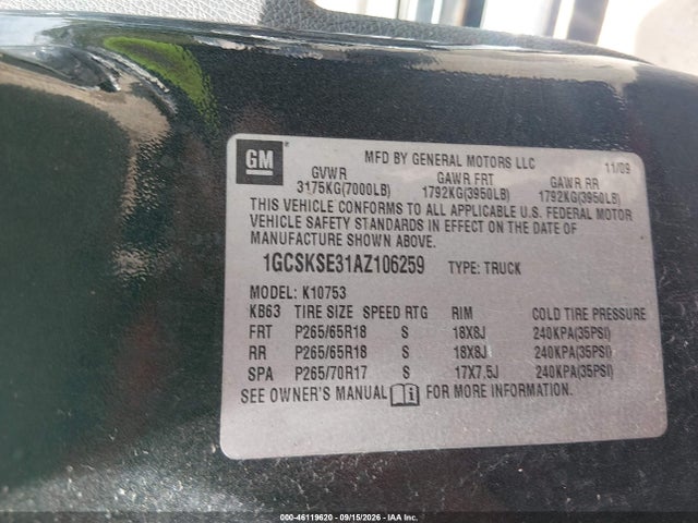 46119620 :رقم المزاد ، 1GCSKSE31AZ106259 vin ، 2010 Chevrolet Silverado 1500 Lt مزاد بيع