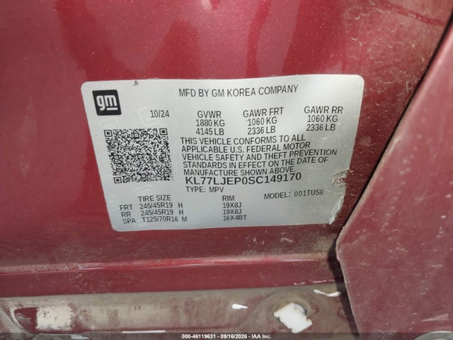46119631 :رقم المزاد ، KL77LJEP0SC149170 vin ، 2025 Chevrolet Trax Fwd 2rs مزاد بيع