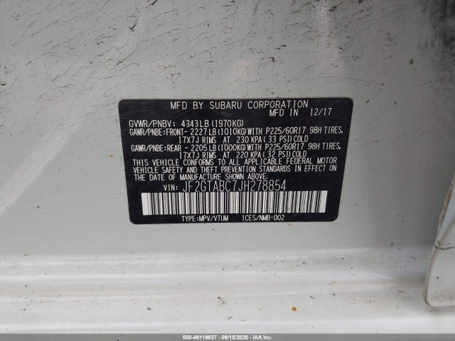 46119637 :رقم المزاد ، JF2GTABC7JH278854 vin ، 2018 Subaru Crosstrek Premium مزاد بيع