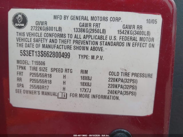 46119663 :رقم المزاد ، 5S3ET13S662800499 vin ، 2006 Saab 9-7x 4.2i مزاد بيع
