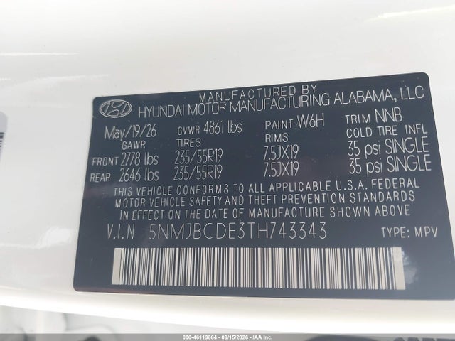 Aukcja sprzedaży 2026 Hyundai Tucson Sel Plus, vin: 5NMJBCDE3TH743343, numer aukcji: 46119664
