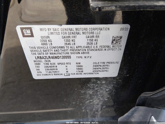 46119668 :رقم المزاد ، LRBAZLR46ND139999 vin ، 2022 Buick Envision Fwd Preferred مزاد بيع