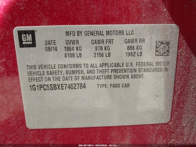 46119674 :رقم المزاد ، 1G1PC5SBXE7462784 vin ، 2014 Chevrolet Cruze 1lt Auto مزاد بيع
