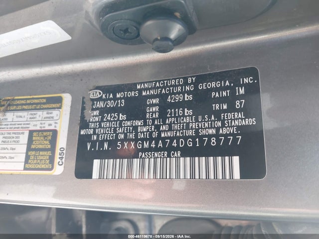 2013 Kia Optima Lx მანქანა იყიდება აუქციონზე, vin: 5XXGM4A74DG178777, აუქციონის ნომერი: 46119678