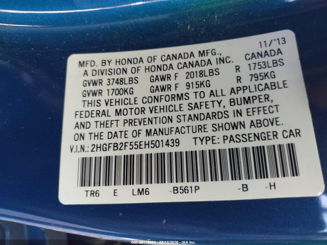 46119684 :رقم المزاد ، 2HGFB2F55EH501439 vin ، 2014 Honda Civic Lx مزاد بيع