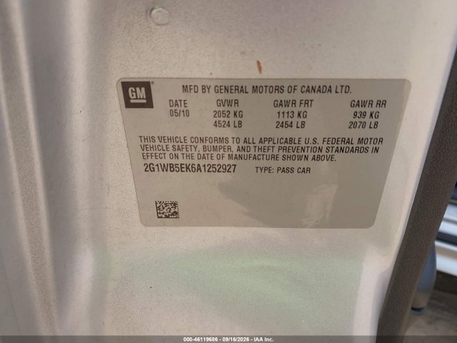 46119686 :رقم المزاد ، 2G1WB5EK6A1252927 vin ، 2010 Chevrolet Impala Lt مزاد بيع