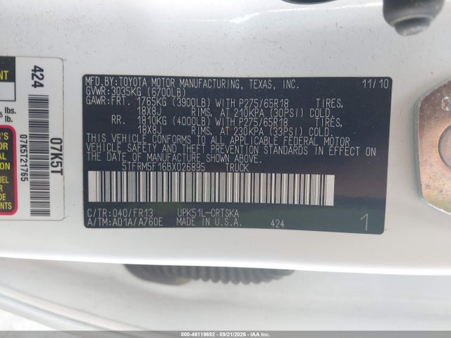 46119692 :رقم المزاد ، 5TFRM5F16BX026895 vin ، 2011 Toyota Tundra Grade 4.6l V8 مزاد بيع