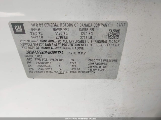 46119694 :رقم المزاد ، 2GNFLFEK3H6289724 vin ، 2017 Chevrolet Equinox Lt مزاد بيع