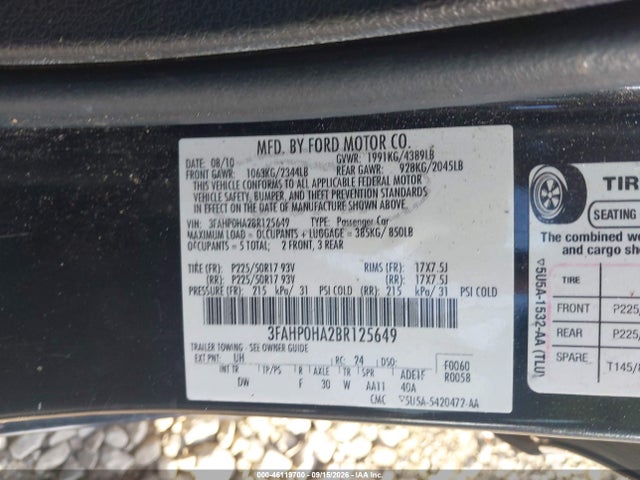 46119700 :رقم المزاد ، 3FAHP0HA2BR125649 vin ، 2011 Ford Fusion Se مزاد بيع