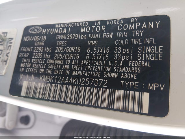 Aukcja sprzedaży 2019 Hyundai Kona Se, vin: KM8K12AA4KU257372, numer aukcji: 46119705