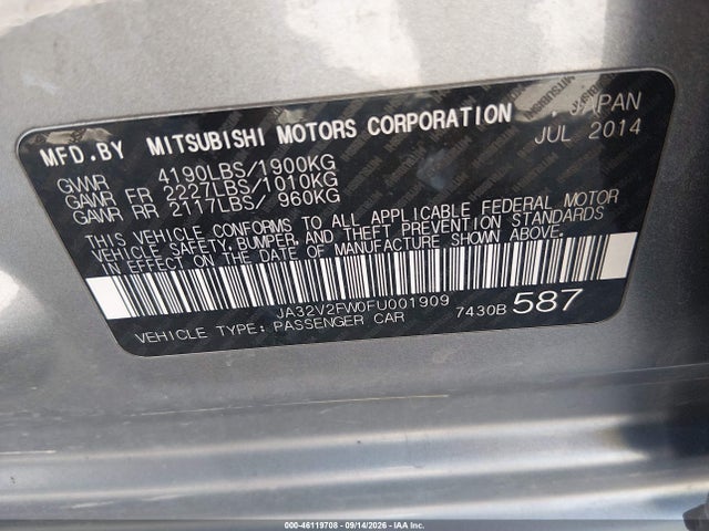 Aukcja sprzedaży 2015 Mitsubishi Lancer Se, vin: JA32V2FW0FU001909, numer aukcji: 46119708