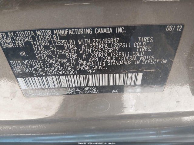 46119720 :رقم المزاد ، 2T3BF4DV4CW228801 vin ، 2012 Toyota Rav4 مزاد بيع