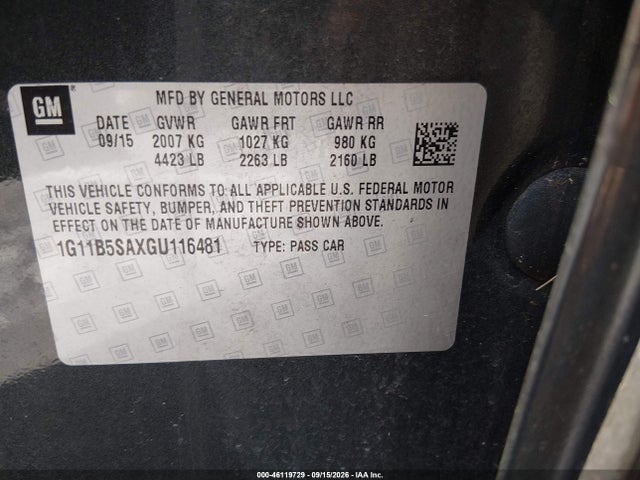Aukcja sprzedaży 2016 Chevrolet Malibu Limited Ls, vin: 1G11B5SAXGU116481, numer aukcji: 46119729