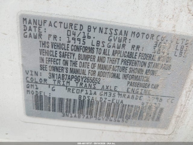 Продаж на аукціоні авто 2016 Nissan Sentra Sv, vin: 3N1AB7AP9GY265652, номер лоту: 46119737