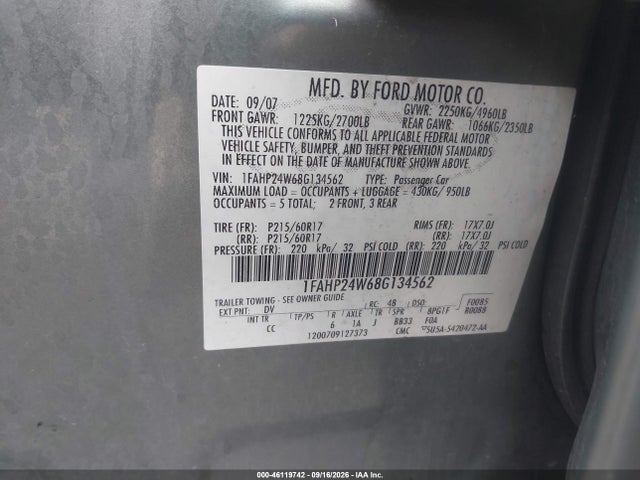 Aukcja sprzedaży 2008 Ford Taurus Sel, vin: 1FAHP24W68G134562, numer aukcji: 46119742