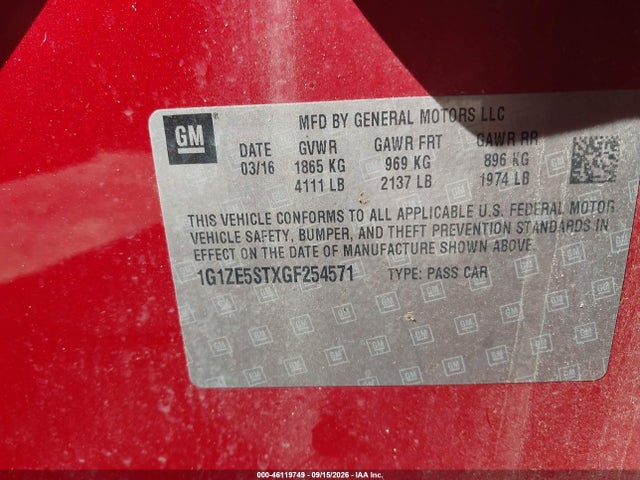46119749 :رقم المزاد ، 1G1ZE5STXGF254571 vin ، 2016 Chevrolet Malibu 1lt مزاد بيع
