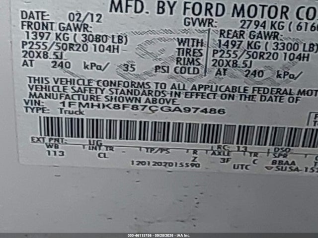 2012 Ford Explorer Limited მანქანა იყიდება აუქციონზე, vin: 1FMHK8F87CGA97486, აუქციონის ნომერი: 46119756