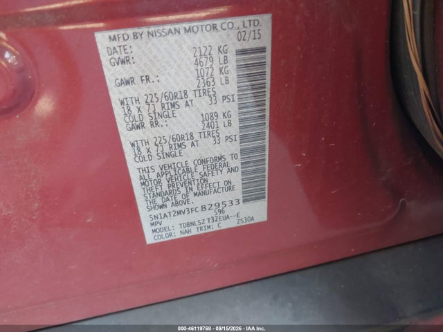 2015 Nissan Rogue Sl მანქანა იყიდება აუქციონზე, vin: 5N1AT2MV3FC829533, აუქციონის ნომერი: 46119768