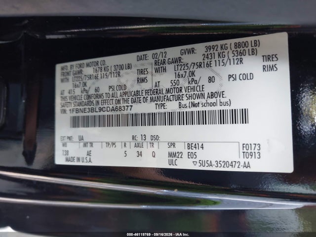 46119769 :رقم المزاد ، 1FBNE3BL9CDA68377 vin ، 2012 Ford E-350 Super Duty Xl مزاد بيع
