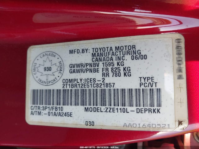 Aukcja sprzedaży 2001 Toyota Corolla Ce/le/sport, vin: 2T1BR12E51C821857, numer aukcji: 46119770