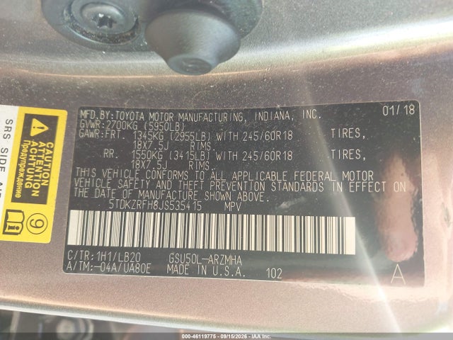 46119775 :رقم المزاد ، 5TDKZRFH8JS535415 vin ، 2018 Toyota Highlander Xle مزاد بيع