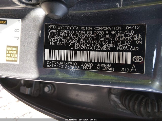 46119783 :رقم المزاد ، JTDKN3DU9C1559828 vin ، 2012 Toyota Prius Two مزاد بيع