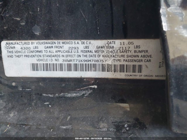 2006 Volkswagen Jetta Tdi მანქანა იყიდება აუქციონზე, vin: 3VWRT71K96M708757, აუქციონის ნომერი: 46119795