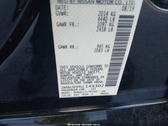 46119799 :رقم المزاد ، 1N4AL4FV4LC149302 vin ، 2020 Nissan Altima Platinum Vc-turbo Fwd مزاد بيع