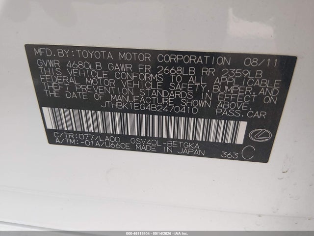 Aukcja sprzedaży 2011 Lexus Es 350, vin: JTHBK1EG4B2470410, numer aukcji: 46119804