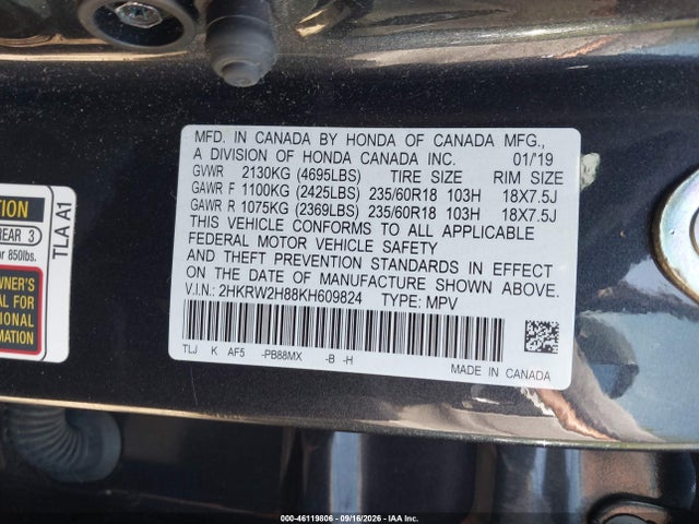 46119806 :رقم المزاد ، 2HKRW2H88KH609824 vin ، 2019 Honda Cr-v Ex-l مزاد بيع