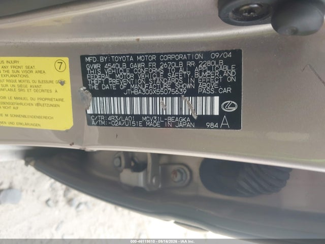 46119810 :رقم المزاد ، JTHBA30GX55075639 vin ، 2005 Lexus Es 330 مزاد بيع