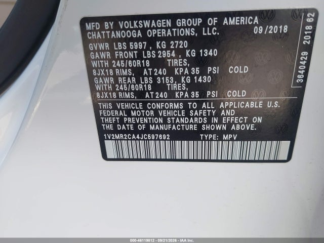 Продажа на аукционе авто 2018 Volkswagen Atlas 3.6l V6 Sel, vin: 1V2MR2CA4JC597692, номер лота: 46119812