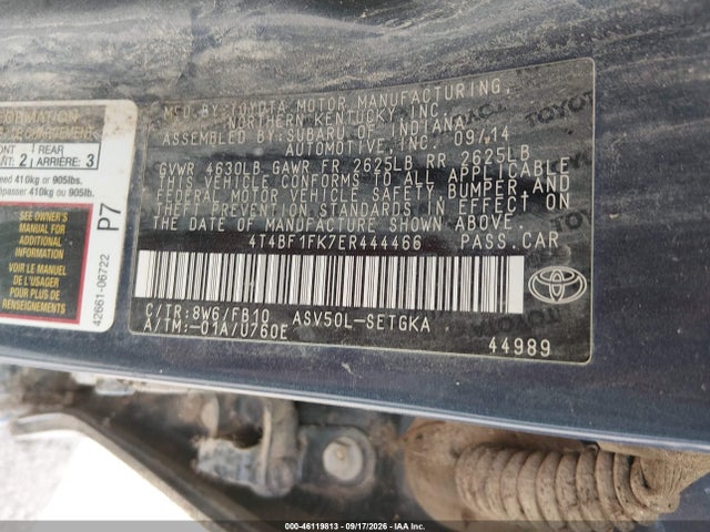 46119813 :رقم المزاد ، 4T4BF1FK7ER444466 vin ، 2014 Toyota Camry Xle مزاد بيع