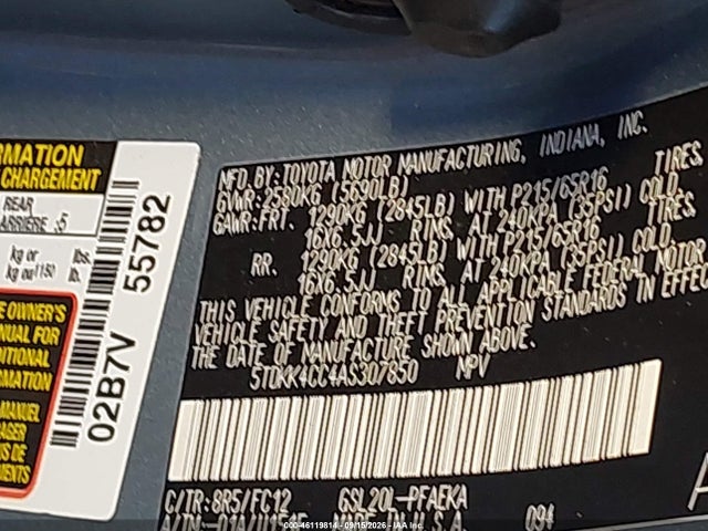 Aukcja sprzedaży 2010 Toyota Sienna Le, vin: 5TDKK4CC4AS307850, numer aukcji: 46119814