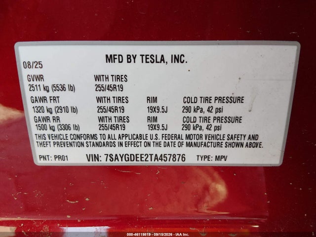 7SAYGDEE2TA457876 Tesla Model Y All-wheel Drive/long Range Launch Series/premium All-wheel Drive