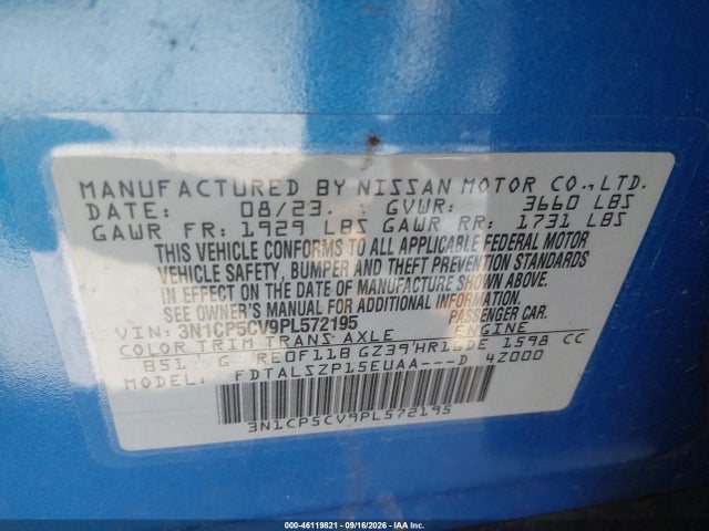 Продаж на аукціоні авто 2023 Nissan Kicks Sv Xtronic Cvt, vin: 3N1CP5CV9PL572195, номер лоту: 46119821