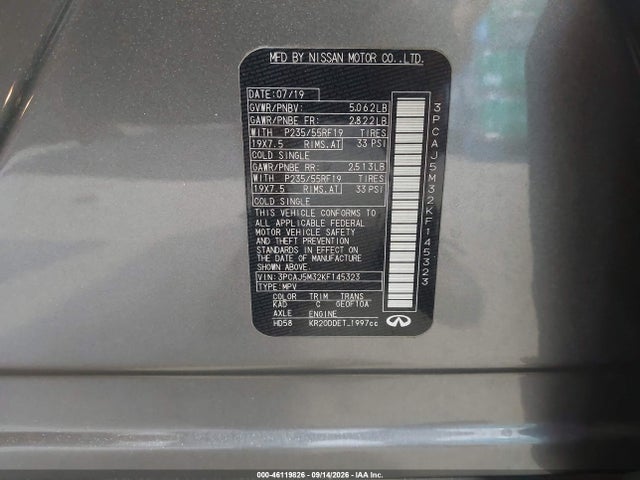 Aukcja sprzedaży 2019 Infiniti Qx50 Luxe, vin: 3PCAJ5M32KF145323, numer aukcji: 46119826