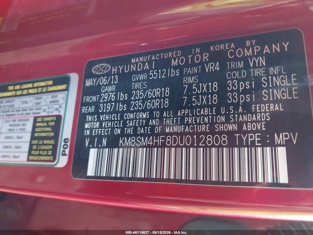 Aukcja sprzedaży 2013 Hyundai Santa Fe Gls, vin: KM8SM4HF8DU012808, numer aukcji: 46119827