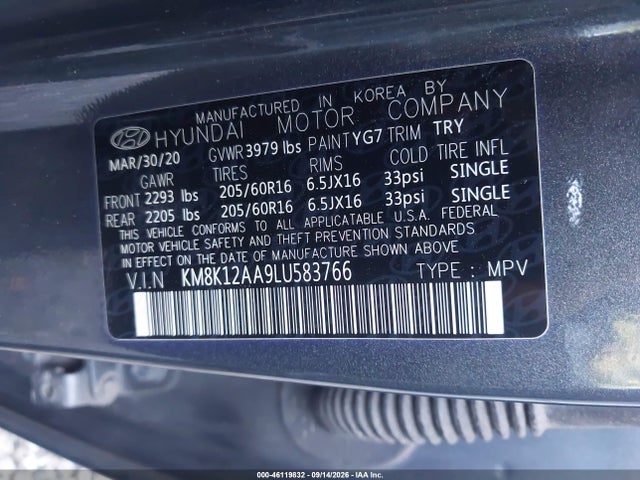 Aukcja sprzedaży 2020 Hyundai Kona Se, vin: KM8K12AA9LU583766, numer aukcji: 46119832