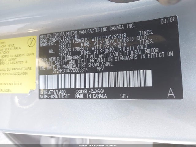 46119857 :رقم المزاد ، 2T2HK31U77C003814 vin ، 2007 Lexus Rx 350 مزاد بيع