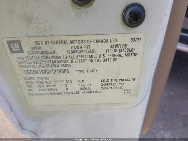 46119871 :رقم المزاد ، 2GCEK19V011318808 vin ، 2001 Chevrolet Silverado 1500 Ls مزاد بيع